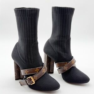 LOUIS VUITTON Silhouette Knit Ankle Sock Boot Brown Monogram Flower Heel EU 38.5
